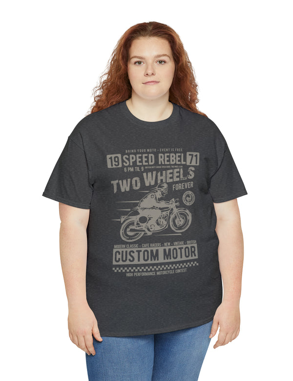 Two Wheels Forever Custom Motorcycle Cafe Racer style T-Shirt. Light Text on a darker Tee.