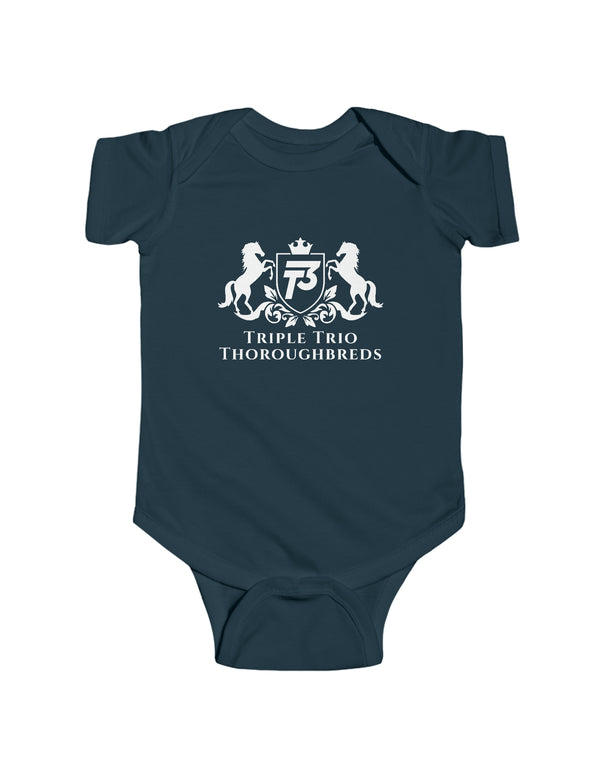 Triple Trio Thouroughbreds in a White logo on a Darker Colored Infant Fine Jersey Bodysuit