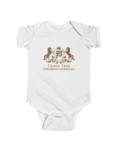 Triple Trio Thouroughbreds in a Bronze logo on a White Infant Fine Jersey Bodysuit