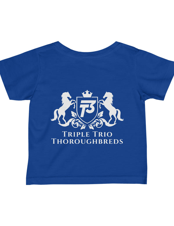 Triple Trio Thouroughbreds in a White Logo on a Darker Colored Infant Fine Jersey Tee