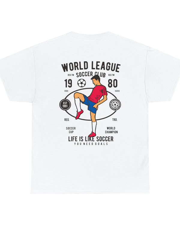 World League Soccer on Back of super comfy shirt. This is for a great shirt for the soccer family.