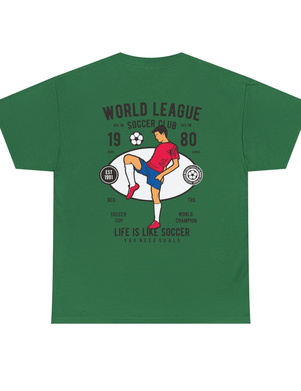 World League Soccer on Back of super comfy shirt. This is for a great shirt for the soccer family.