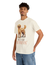 Golden Retriever - Don't Stop Retrieving - on a lighter colored cotton t-shirt.