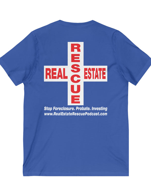 Cody Oake's Real Estate Rescue Podcast in a Dark Jersey Short Sleeve V-Neck Tee