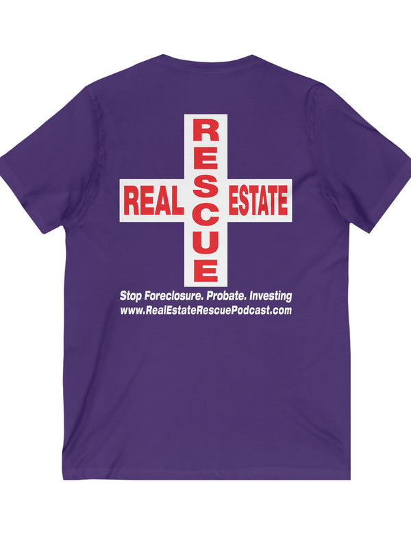 Cody Oake's Real Estate Rescue Podcast in a Dark Jersey Short Sleeve V-Neck Tee