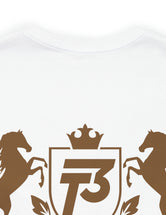 Triple Trio Thouroughbreds in a Bronze Logo on a White Bella & Canvas Jersey Short Sleeve Tee