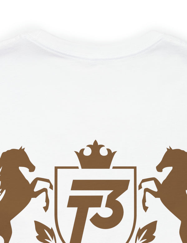 Triple Trio Thouroughbreds in a Bronze Logo on a White Bella & Canvas Jersey Short Sleeve Tee