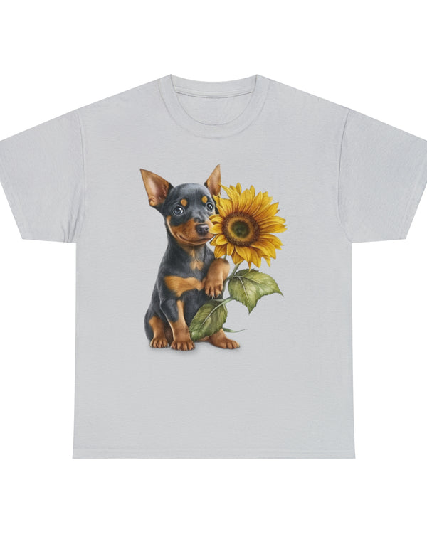 Baby Pinscher Pup with a Flower - Unisex Heavy Cotton Tee