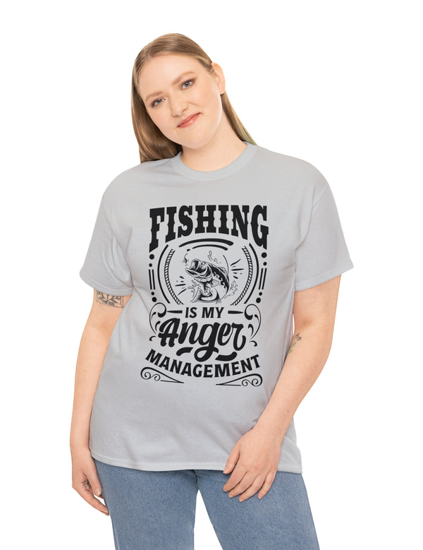Fishing is my anger management! in a Unisex Heavy Cotton Tee (Black on Light Shirt)