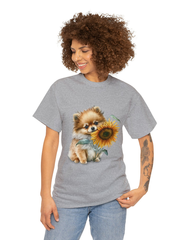 Precious Pomeranian Pup with a Flower - Unisex Heavy Cotton Tee
