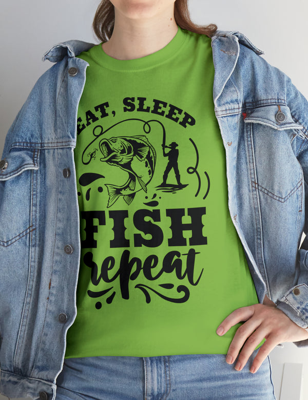 Eat, Sleep, Fish, Repeat! in a super comfortable cotton tee.