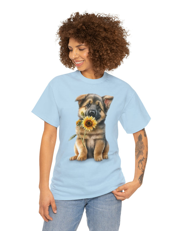 Precious Baby German Shepherd with Flower in Mouth - Unisex Heavy Cotton Tee